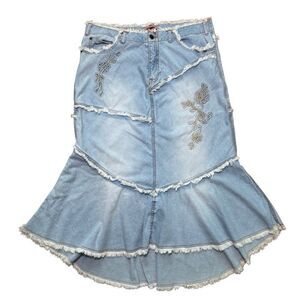Vintage Y2K ONLY Jeans Co Denim Skirt Sz 16 Womens Long Raw Edges Fringe Boho